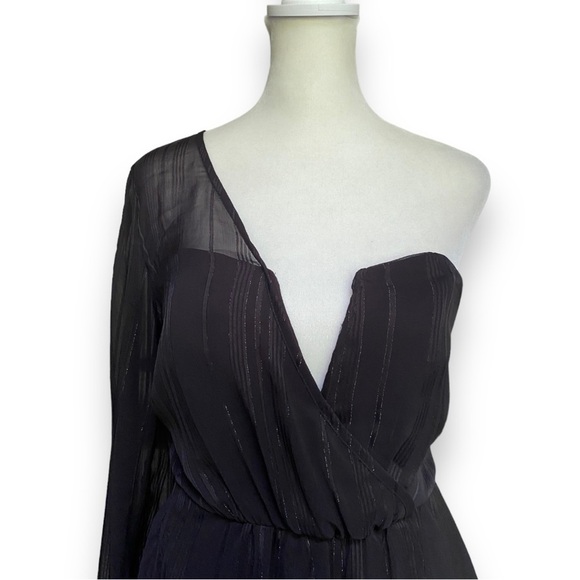 ASTR Black Metallic Stripe Chiffon Overlay One Shoulder Blouse | Size M - Picture 3 of 14